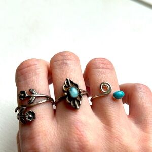 Set of three rings sterling silver turquoise abalone adjustable flower designs